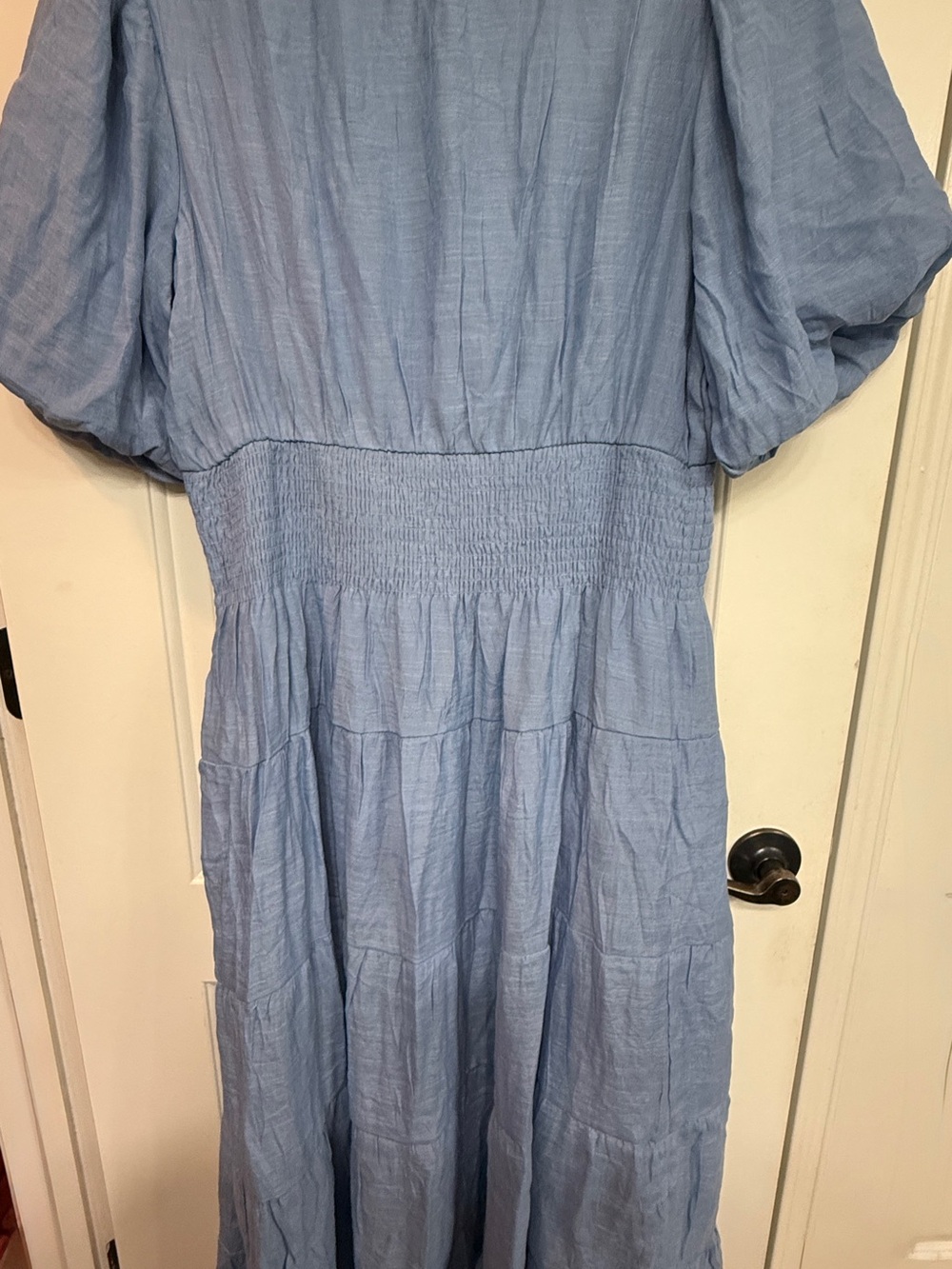 Kings Road Dusty Blue V-Neck Midi Dress with Puff Sleeves - Picture 3 of 3